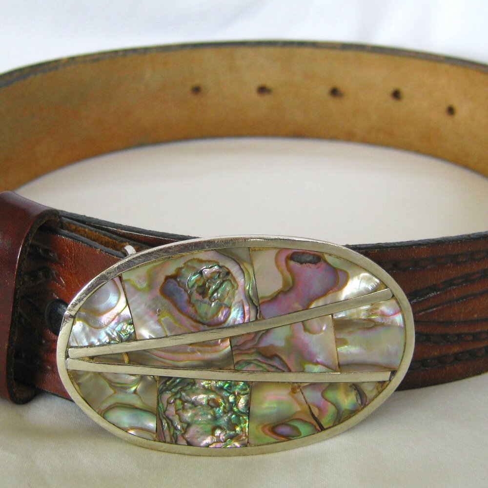 Womens Belt Vintage Inlaid Abalone Silver Buckle Brown Leather 1 3/8 in. wide